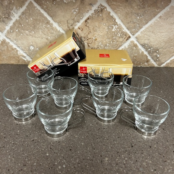 Lot of 8 NIB Bormioli Rocco Verdi Espresso Cups 3.5oz Glass Steel Handles - Picture 2 of 8